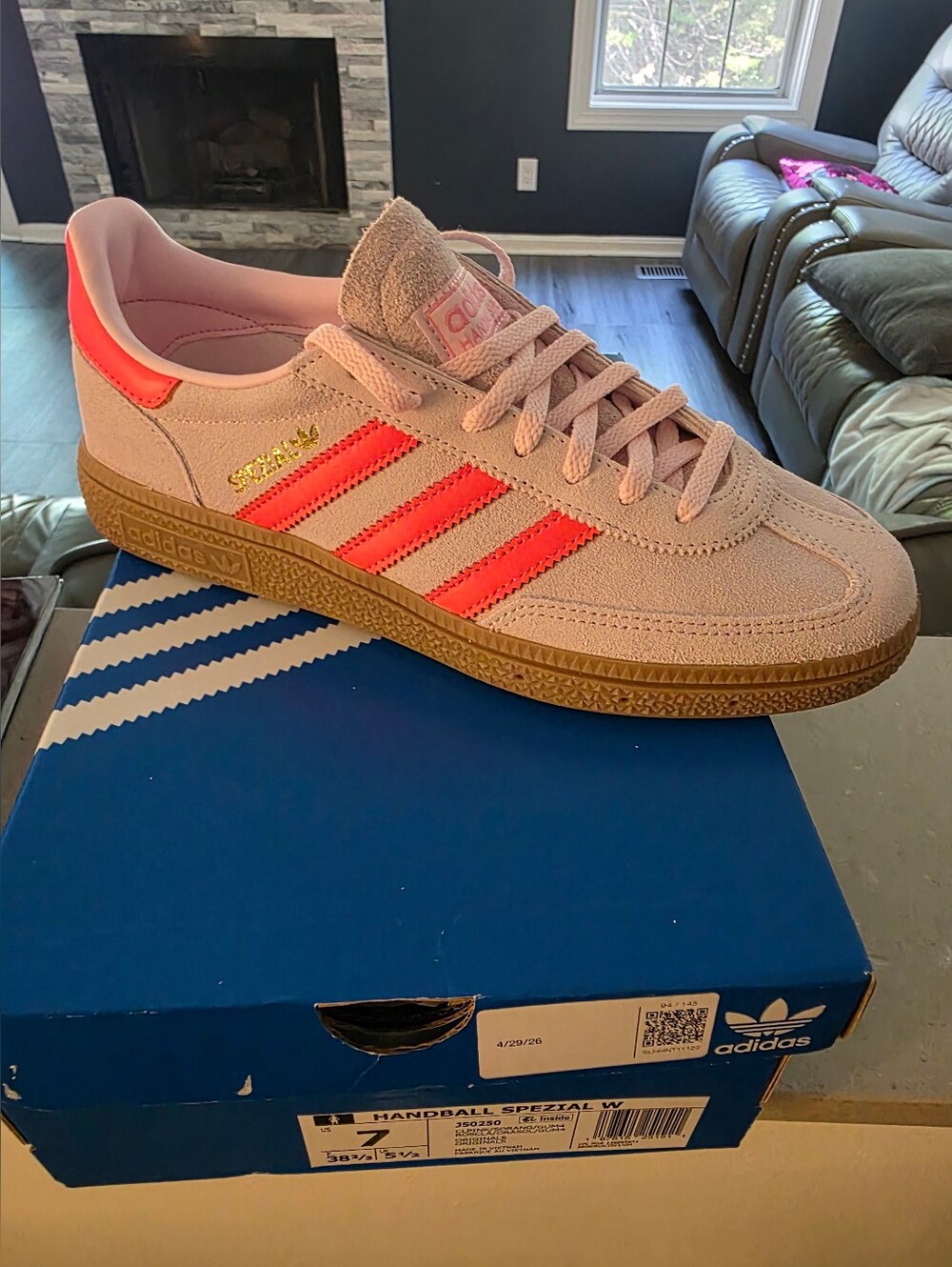 Adidas Handball Spezial Pink Suede Sneakers with Coral Stripes